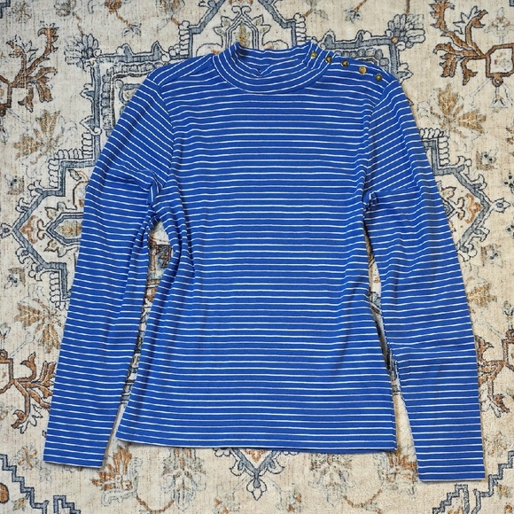 J. Crew Tops - J. Crew Blue Fitted Striped Long Sleeve Turtleneck Shirt Gold Tone Buttons